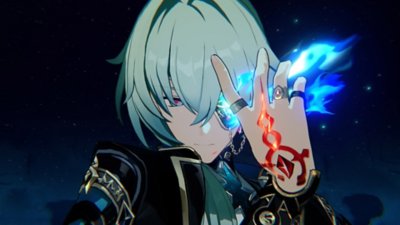Captura de pantalla de Honkai: Star Rail que muestra a un personaje con la mano alzada mientras emite llamas azules de los dedos