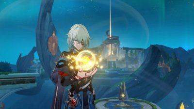 Captura de pantalla de Honkai: Star Rail que muestra a un personaje sosteniendo un orbe dorado en su mano mientras lo mira 