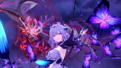 Captura de pantalla de Honkai: Star Rail que muestra a un personaje que lanza mariposas púrpuras de sus dedos