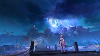 Captura de pantalla de Honkai: Star Rail que muestra a un personaje en una ciudad fortificada iluminada por una luna azul