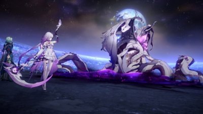 Captura de pantalla de Honkai: Star Rail que muestra a un personaje vestido de blanco y púrpura enfrentando a un enemigo alado que tiene flores púrpuras