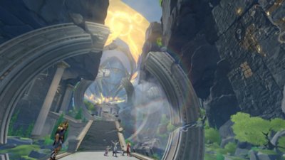 Captura de pantalla de Honkai: Star Rail que muestra arcos de piedra y escaleras con personajes parados en el camino