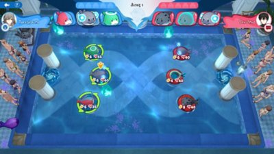 Captura de pantalla de Honkai: Star Rail que muestra un minijuego desde arriba, con un equipo azul a la izquierda y un equipo rojo a la derecha