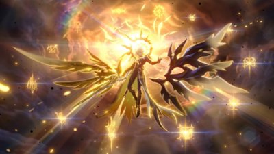 Honkai: Star Rail Version 3.4 screenshot showing a winged character in the air with sunlight behind their head 