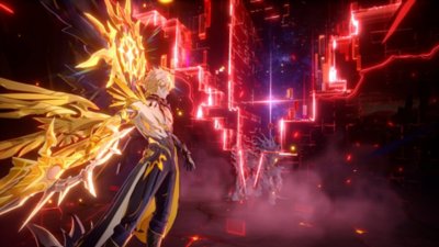 Honkai: Star Rail Version 3.4 screenshot showing a golden winged character facing a creature in front of red geometric walls
