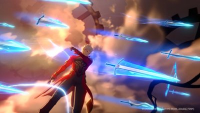 Honkai: Star Rail Version 3.4 screenshot showing a character in red clothing summoning blue floating swords for battle