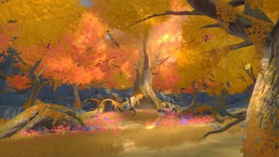 Honkai: Star Rail Version 3.4 screenshot showing a tree with orange and yellow leaves with wildflowers by its roots 