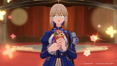 Honkai: Star Rail Version 3.4 screenshot showing a character in blue clothes eating an ice cream cone 
