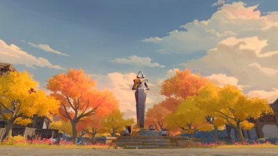 Honkai: Star Rail Version 3.4 screenshot showing a stone statue in the middle of a forest clearing 