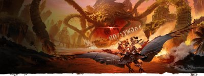 Art for Horizon Forbidden West: Burning Shores. Aloy rides a flying machine into battle.