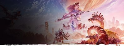 Art for Horizon Forbidden West Complete Edition. Aloy stands over several characters and machines.
