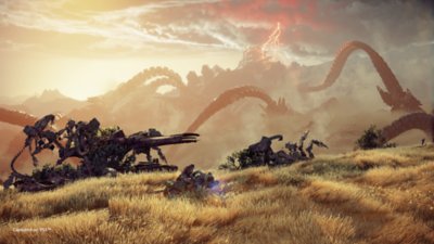 Ankündigungs-Screenshot von Horizon Forbidden West, der eine Maschine in der Wüste zeigt.