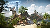 Horizon Forbidden West screenshot depicting Aloy flying over an overgrown beach on a hand glider.