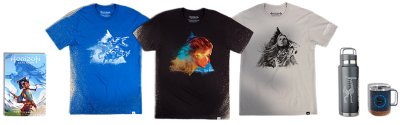 Horizon merchandise, including three t shirts and a mug and flask.