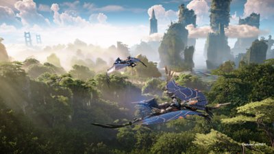 Two flying machines soar above a lush green forest.