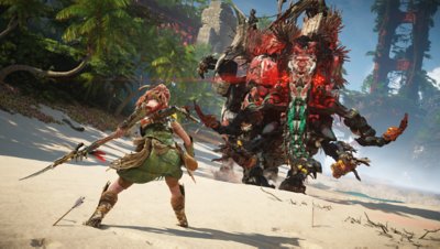 Aloy battles a rampaging machine.