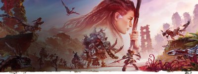 Art for Horizon Forbidden West. Aloy battles a Tremortusk.