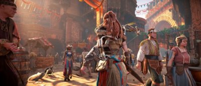 Horizon Zero Dawn Remastered für PC – Screenshot von Aloy in einer Menschensiedlung