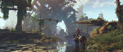 Horizon Zero Dawn Remastered für PC – Screenshot von Aloy, die Ruinen erkundet