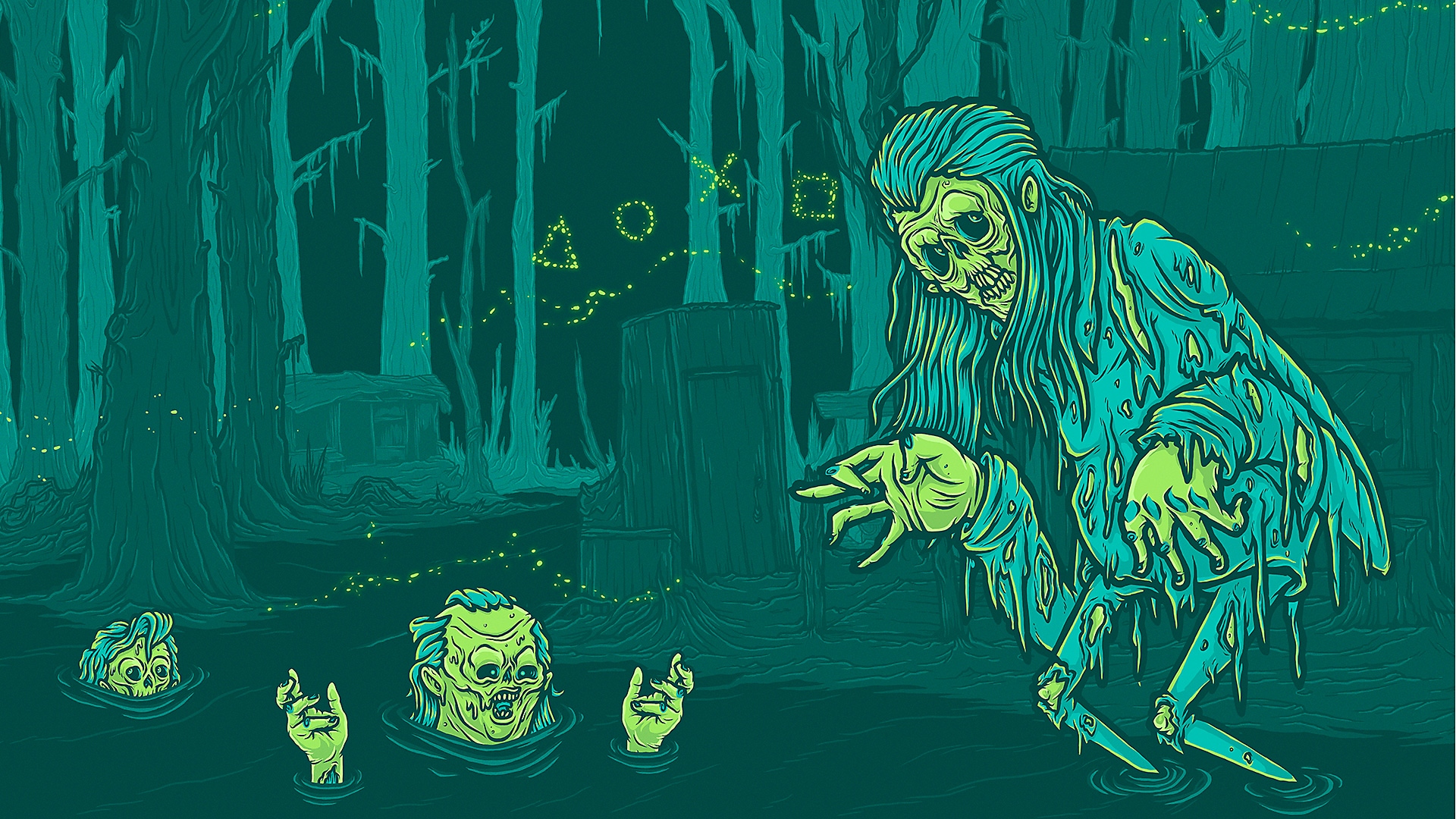 Arte original - Os melhores jogos de terror para PS4 e PS5 com renderização estilizada de diversos ghouls a surgir de um pântano.