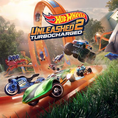 Hot Wheels Unleashed 2 – Turbocharged key art showing cars on a race track traveling a high speed.