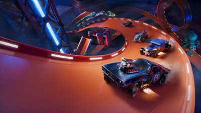 Key art van Hot Wheels Unleashed waarop verschillende racende auto's door een steile bocht rijden.