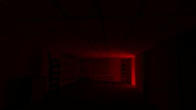 Captura de tela de Hotel Infinity mostrando um quarto escuro com luz vermelha irradiando de uma porta aberta