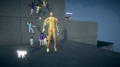 Snímek obrazovky ze hry Humanity zobrazující zlatou postavu v davu lidí