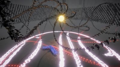 Snímka obrazovky z hry Humanity zobrazujúca mnoho „Druhých“ vo vírivom vzore zbiehajúcich sa v strede žiariacej masy