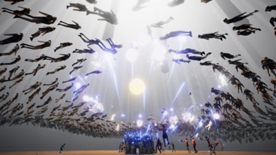 Snímka obrazovky z hry Humanity zobrazujúca skupinu ľudí, ktorí sa vznášajú smerom k žiariacej guli