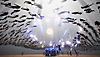 Captura de ecrã do Humanity com um grupo de pessoas a flutuar em direção a uma esfera brilhante