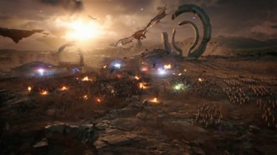 Captura de pantalla de Immortals of Aveum que muestra una intensa batalla en un paisaje devastado por la guerra