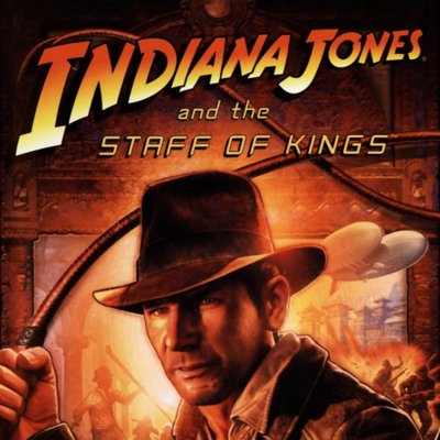 『Indiana Jones and the Staff of Kings』のストアアート。帽子をかぶりムチを手にしてポーズを取るインディ・ジョーンズが描かれている。