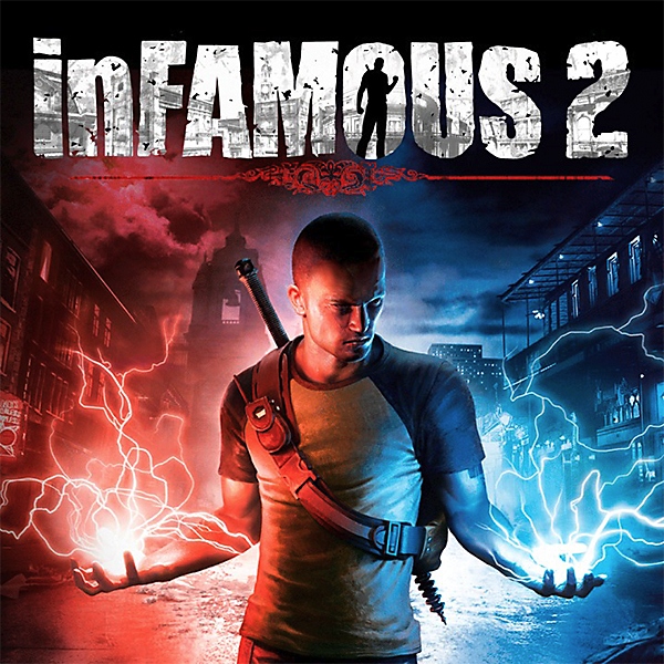 Infamous 2 key art showing a man holding blue and red lightning