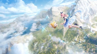 صورة فنية للعبة Infinity Nikki تعرض Nikki وMomo يطيران