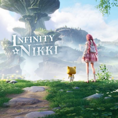 Infinity Nikki artwork showing a character with pink hair and pink dress walking through a lush green landscape with a large-headed feline companion