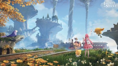 Captura de pantalla de Infinity Nikki que muestra a Nikki y a Momo contemplando un fantástico paisaje