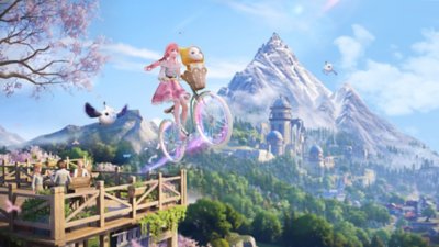 Infinity Nikki screenshot showing Nikki and Momo riding a bike into the air