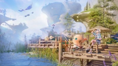 Infinity Nikki screenshot showing Nikki sitting at a dock with creatures fishing beside her