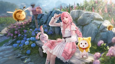 Infinity Nikki screenshot showing Nikki and Momo sitting on a bench surrounded by other creatures