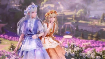 Infinity Nikki screenshot showing two characters in dresses posing for the camera