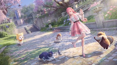 Infinity Nikki screenshot showing Nikki surrounded by small animals