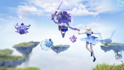 Infinity Nikki Version 1.5 screenshot showing Nikki flying towards floating purple characters in the sky