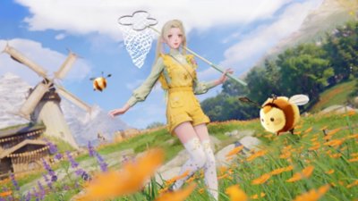 Infinity Nikki Version 1.5 screenshot showing Nikki walking through wildflower fields with a bug catching net and bees surrounding her