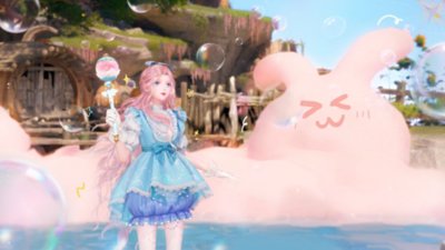 Infinity Nikki screenshot showing Nikki playing with bubbles and a bubble wand on the beach