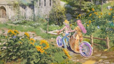 Infinity Nikki Version 1.5 screenshot showing two characters riding a bicycle together