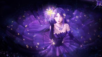 Infinity Nikki Version 1.5 screenshot showing Nikki in a purple dress and gloves reaching towards a golden star