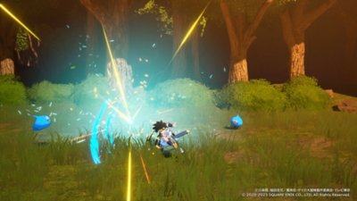 Captura de pantalla de Infinity Strash: Dragon Quest The Adventure of Dai que muestra a Dai luchando contra los Slimes.