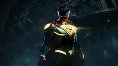 Key art van Injustice 2 met daarop de hoofdantagonist Evil Superman tegen een zwarte achtergrond.