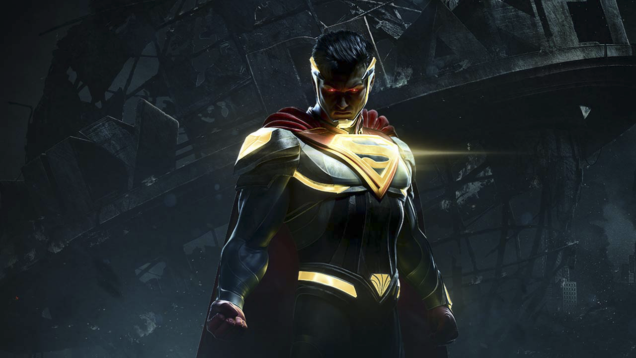 Ilustración principal de Injustice 2 con el antagonista principal Evil Superman contra un fondo oscuro.